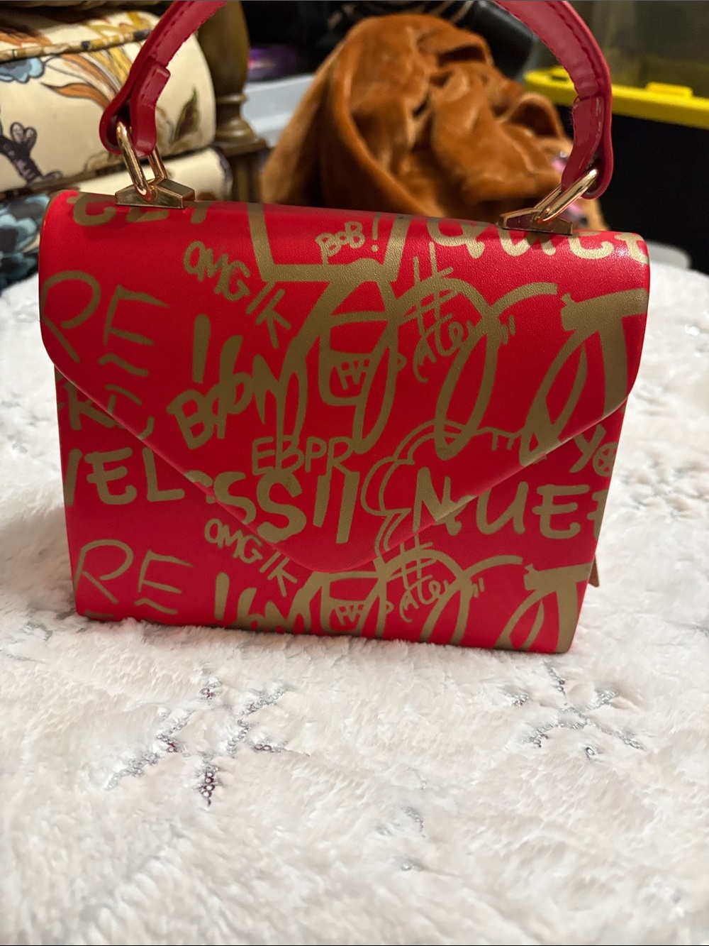 Gold Graffiti Print Red Top-Handle Satchel